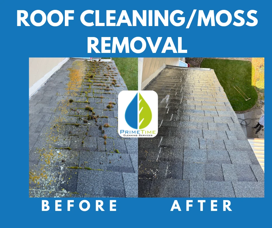 Before and after view of moss removal on a shingle roof
