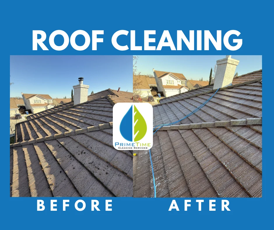 Before and after view of roof cleaning on tile