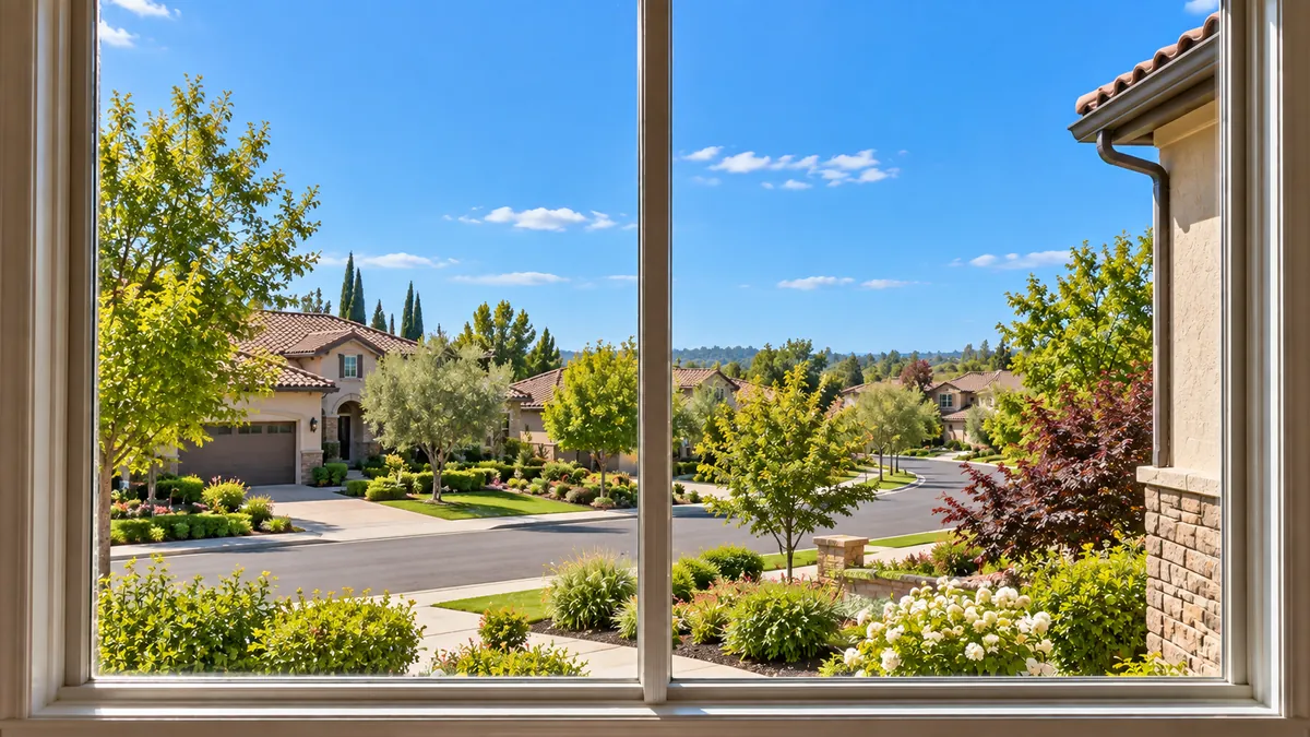 Illustration of the same residential window with a clear view of neighborhood homes