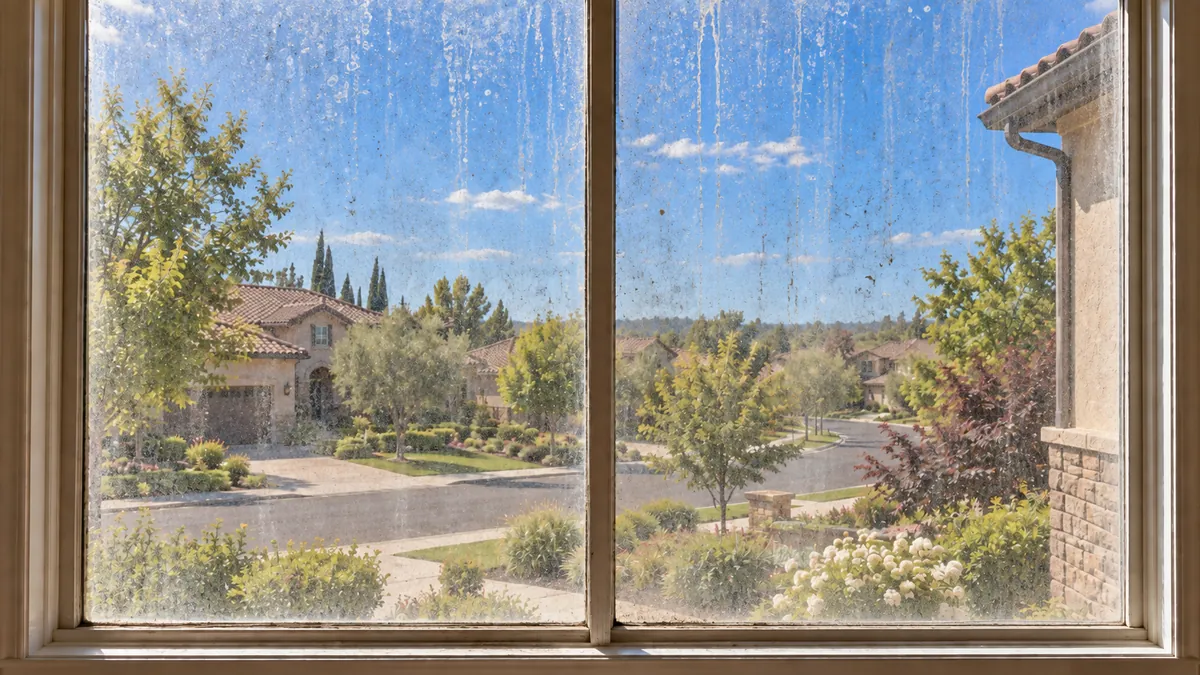 Illustration of a dirt-streaked residential window overlooking neighborhood homes