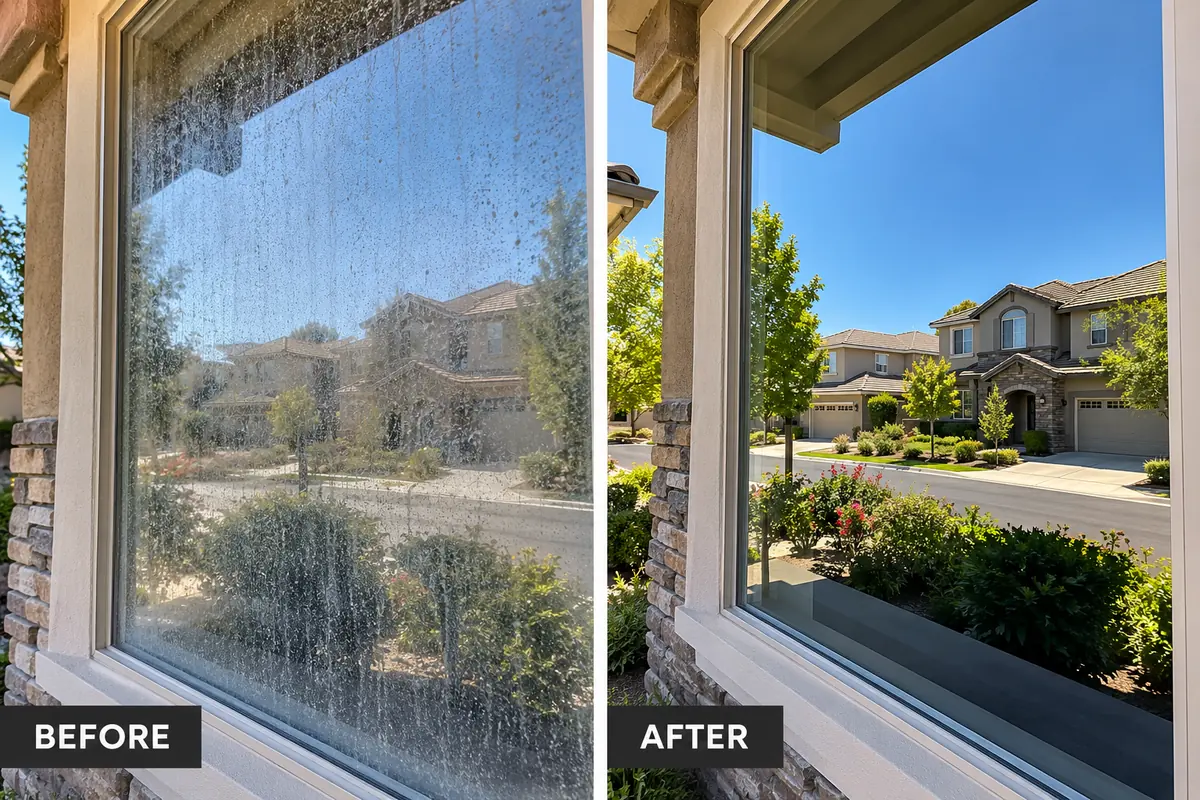 Illustration comparing a streaked residential window with a clear window view, labeled before and after